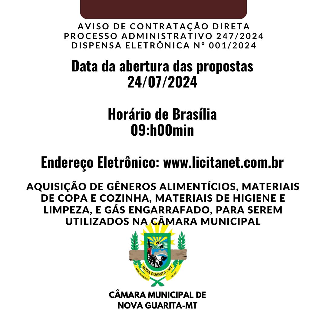 REPUBLICADO: AVISO DE CONTRATAÇÃO DIRETA - PROCESSO ADMINISTRATIVO 247/2024 - DISPENSA ELETRÔNICA Nº 001/2024 - GÊNEROS ALIMENTÍCIOS