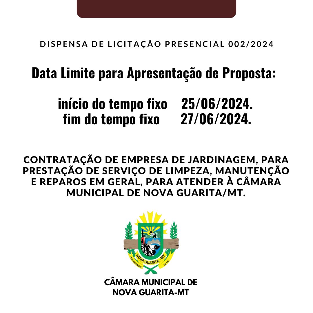 AVISO DE DISPENSA DE LICITAÇÃO PRESENCIAL Nº 002/2024 - CONTRATAÇÃO DE EMPRESA DE JARDINAGEM